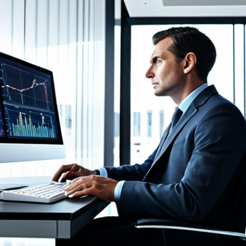 Home 8 A professional, thoughtful investor, fully clothed in a modest business suit, sitting at a modern desk in a sleek, high-tech office. The scene subtly visualizes the internal struggle between logical analysis and emotional influences, with abstract elements like overlapping analytical charts and faint, swirling light representing complex thought processes. The background is a clean, contemporary office environment. Perfect anatomy, correct proportions, natural pose, well-formed hands, proper finger count, natural body proportions. Professional photography, high quality, safe for work, appropriate content, family-friendly, professional dress.