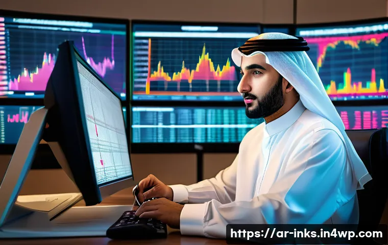 투자 결정을 위한 객관적 분석 방법 - A sophisticated Arabic financial analyst in traditional attire, seated at a modern desk with multipl...
