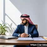 감정적 투자 오류와 소심한 투자 결정 - A professional Middle Eastern investor sitting calmly at a modern desk in a bright office, reviewing...