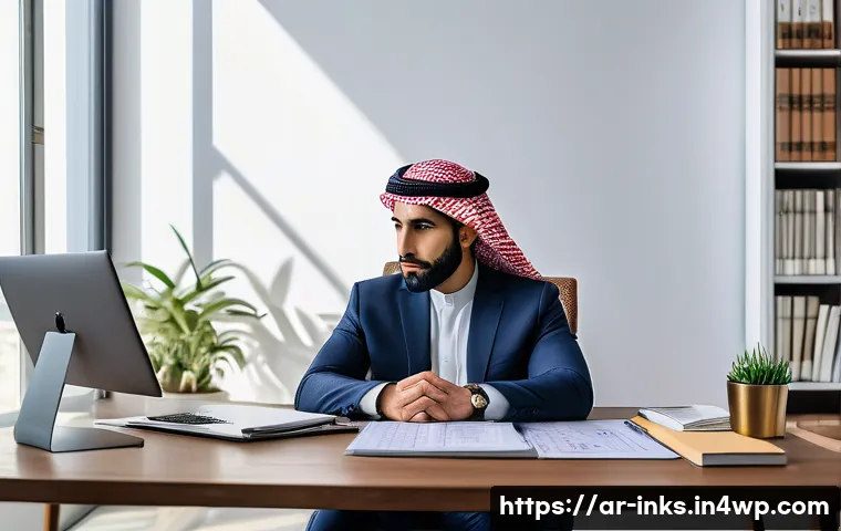 감정적 투자 오류와 소심한 투자 결정 - A professional Middle Eastern investor sitting calmly at a modern desk in a bright office, reviewing...