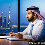 감정적 투자 오류를 피하기 위한 경험담 - A modern Middle Eastern financial advisor in a sleek office overlooking a city skyline at sunset, an...