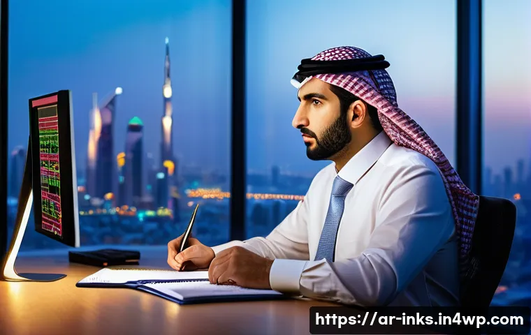 감정적 투자 오류를 피하기 위한 경험담 - A modern Middle Eastern financial advisor in a sleek office overlooking a city skyline at sunset, an...