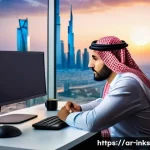 감정적 투자와 실적 간의 관계 - A professional Arab investor sitting at a modern desk in a sleek office overlooking a Middle Eastern...