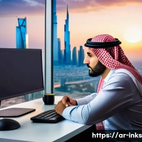 감정적 투자와 실적 간의 관계 - A professional Arab investor sitting at a modern desk in a sleek office overlooking a Middle Eastern...