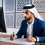 투자에서의 감정과 직관의 상관관계 - A Middle Eastern male investor in his early 30s sitting thoughtfully at a sleek modern desk in a sun...