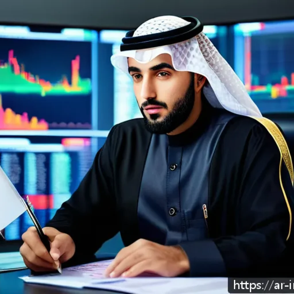 감정적 투자 오류에 대한 법적 고려사항 - A professional Arab male investor in traditional business attire, sitting thoughtfully at a modern d...